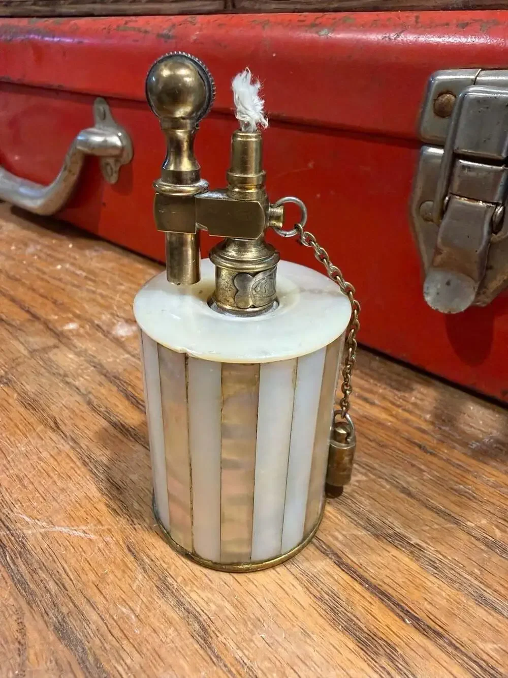 Vintage Tiffany & Co. Mother of Pearl and Brass Lift Arm Table Lighter Made in F